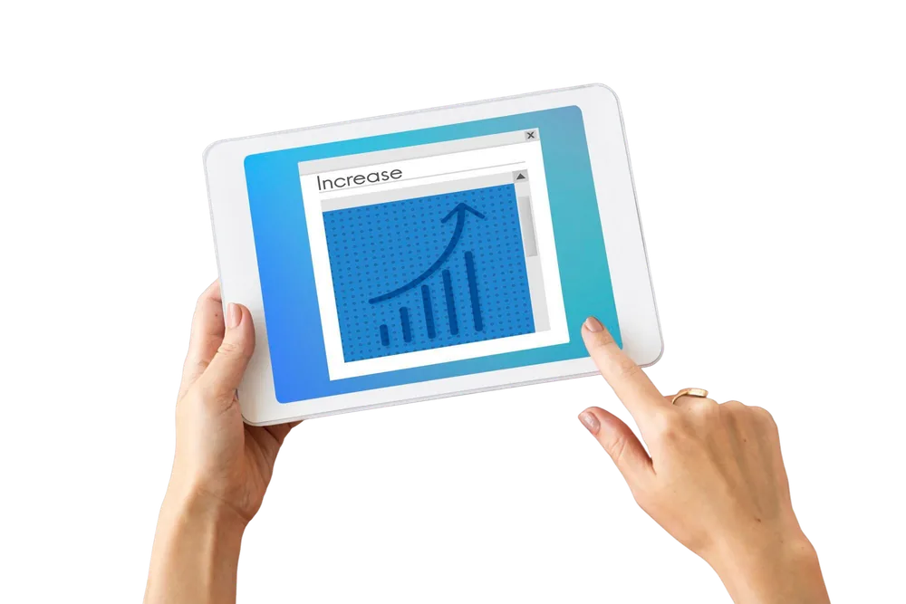 Business performance charts on a tablet